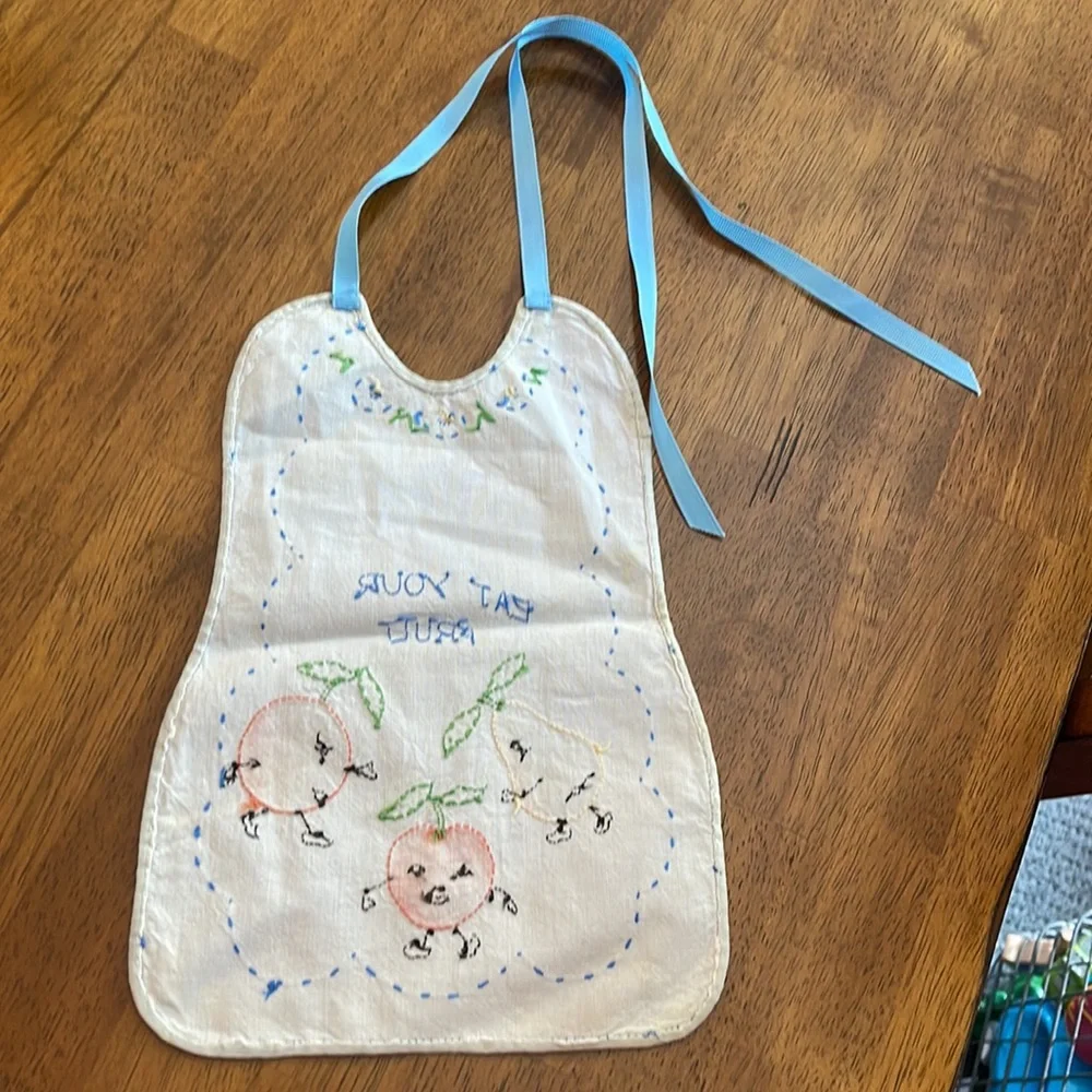 Embroidered Baby Bib Blue and White Child eat your fruit Vintage Handmade
